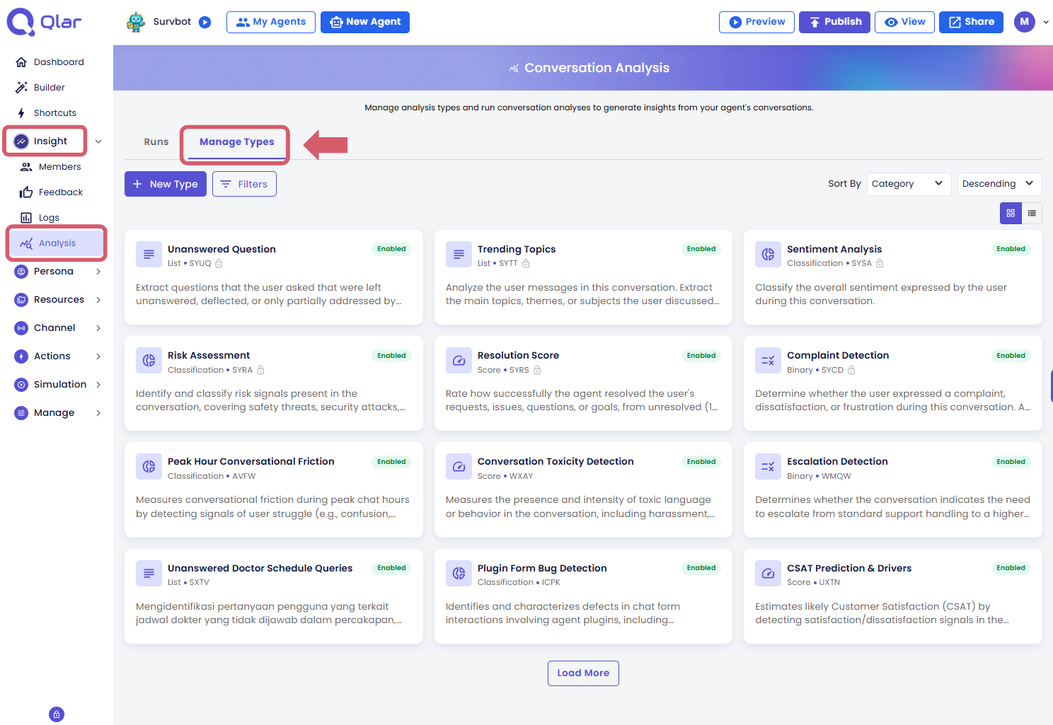 Manage Types tab showing all analysis types