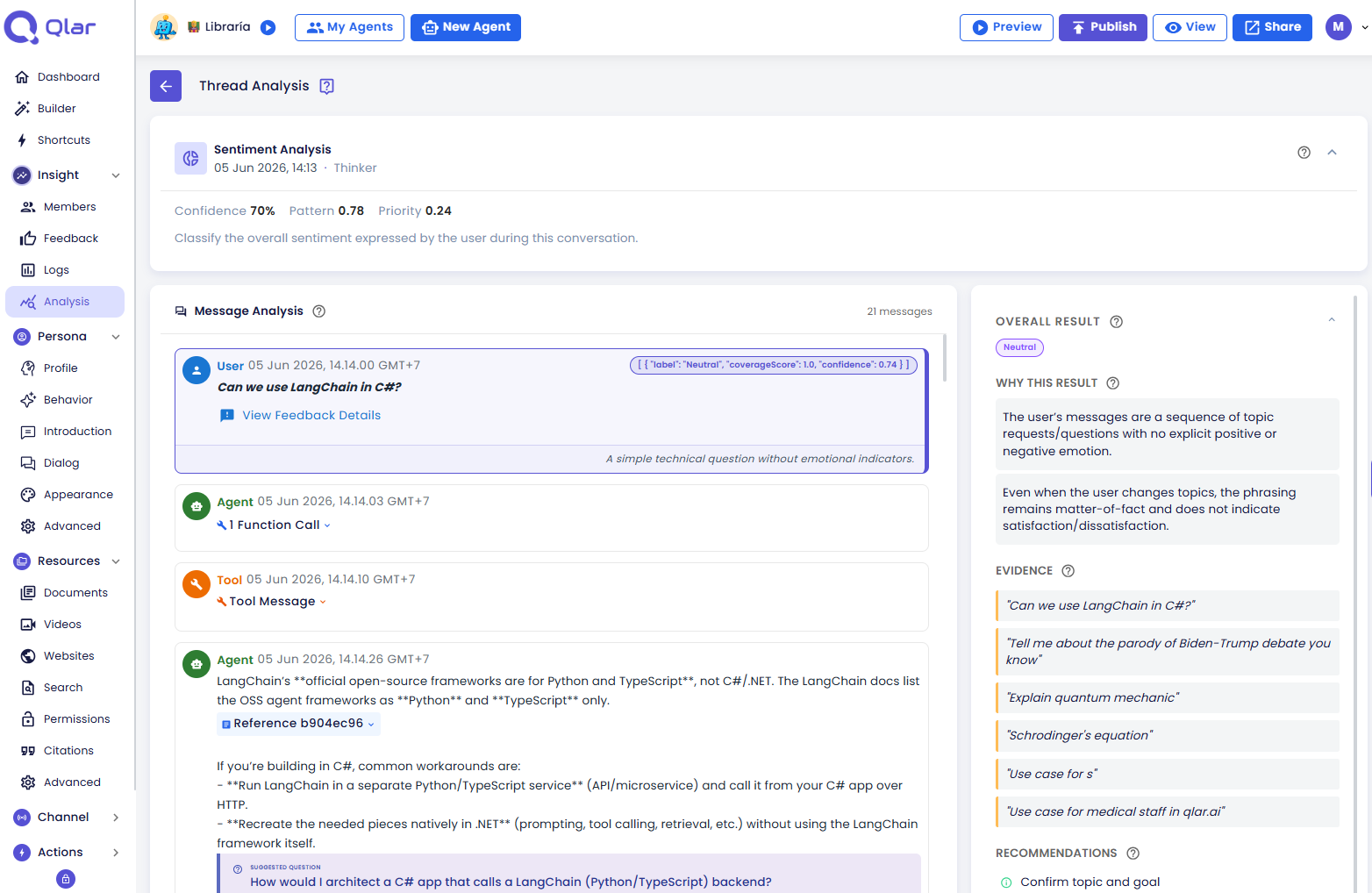 Thread Analysis page showing message analysis on the left and the AI's overall result, reasoning, and evidence on the right