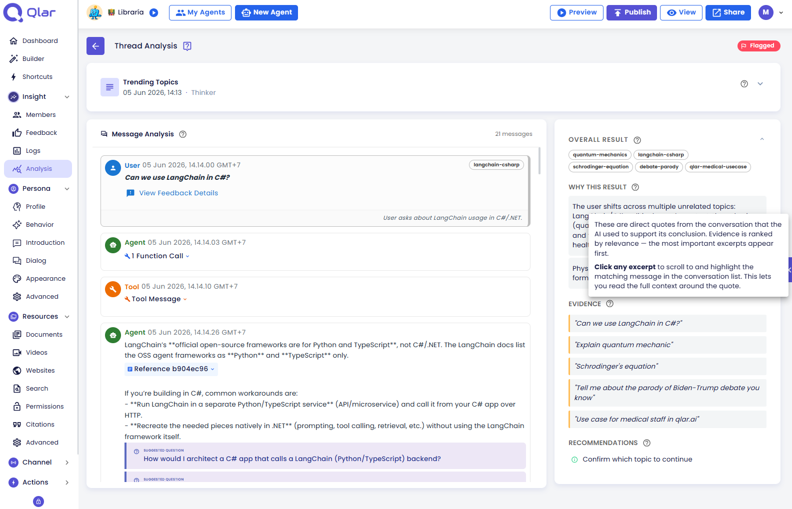 Info popover opened from the Evidence section heading, explaining how evidence excerpts are ranked and how clicking one jumps to the source message