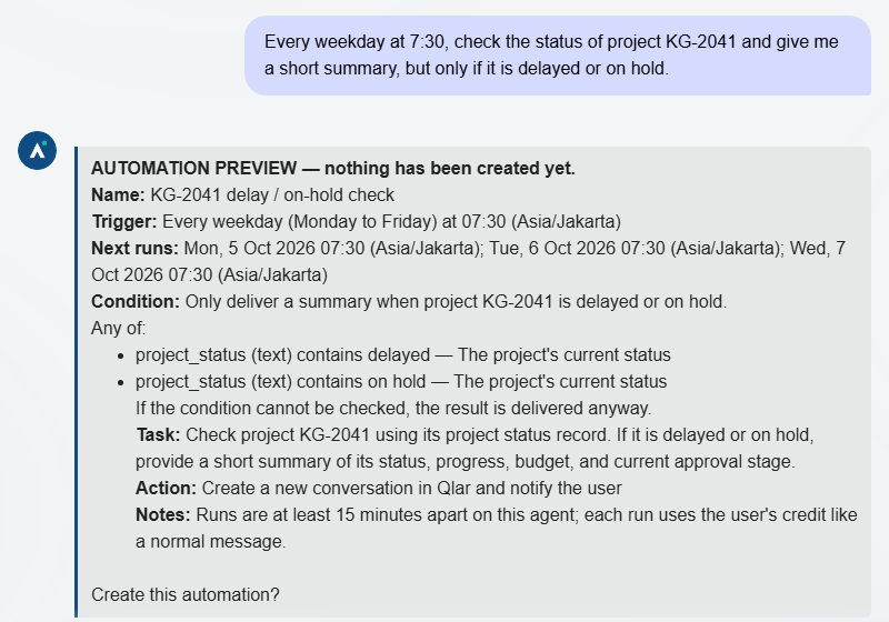 Chat Atlas: user meminta Every weekday at 7:30, check the status of project KG-2041 and give me a short summary, but only if it is delayed or on hold. Atlas membalas dengan AUTOMATION PREVIEW, nothing has been created yet: Name KG-2041 delay / on-hold check, Trigger setiap hari kerja (Senin sampai Jumat) jam 07:30 (Asia/Jakarta), Next runs Sen 5, Sel 6, dan Rab 7 Okt 2026, Condition dengan Any of project_status contains delayed atau contains on hold, Task, Action Create a new conversation in Qlar and notify the user, Notes, dan pertanyaan Create this automation?