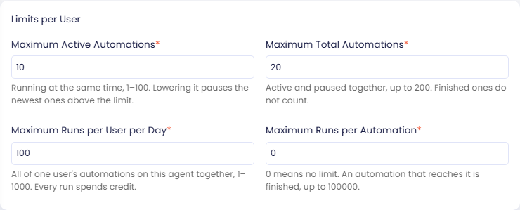 Limits per User card: Maximum Active Automations 10, Maximum Total Automations 20, Maximum Runs per User per Day 100, and Maximum Runs per Automation 0, which means no limit