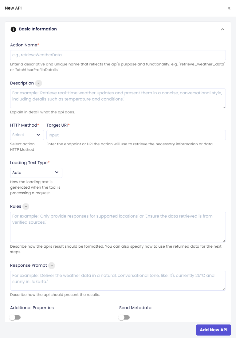 New API panel with the Basic Information section: Action Name, Description, HTTP Method, Target URI, Loading Text Type, Rules and Response Prompt