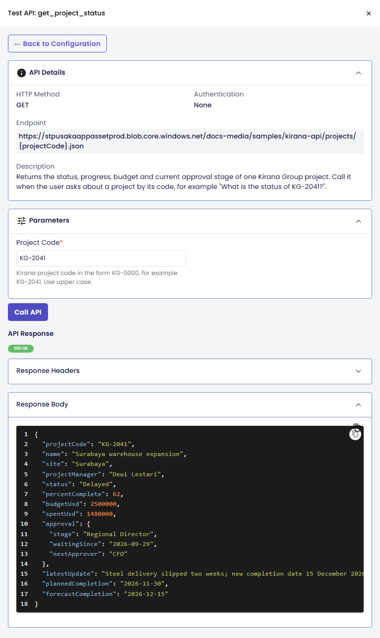 Test API: get_project_status panel with Back to Configuration, API Details (HTTP Method GET, Authentication None, the endpoint and description), Parameters with Project Code KG-2041, the Call API button, a 200 OK badge, and the Response Body showing the KG-2041 JSON with status Delayed, percentComplete 62, budgetUsd 2500000, spentUsd 1480000 and approval stage Regional Director