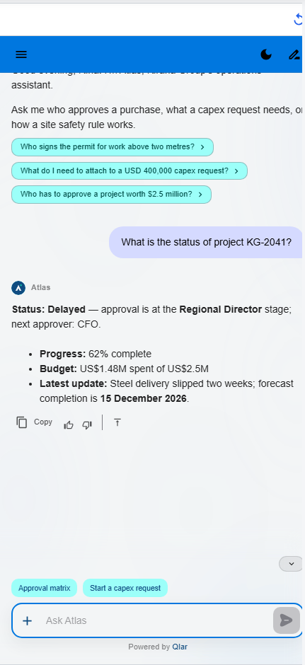 Atlas preview: the user asks What is the status of project KG-2041? and Atlas answers Status: Delayed, approval is at the Regional Director stage, next approver CFO, followed by bullets for Progress 62% complete, Budget US$1.48M spent of US$2.5M, and Latest update steel delivery slipped two weeks with forecast completion 15 December 2026