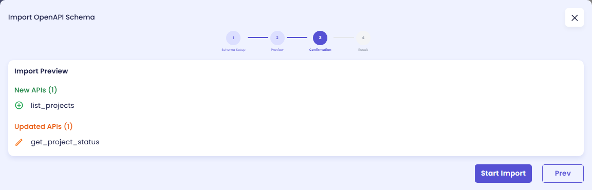 Confirmation step with the Import Preview: New APIs (1) with list_projects and Updated APIs (1) with get_project_status, and the buttons Start Import and Prev