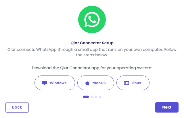 Qlar Connector Setup, first step, with download buttons for Windows, macOS and Linux