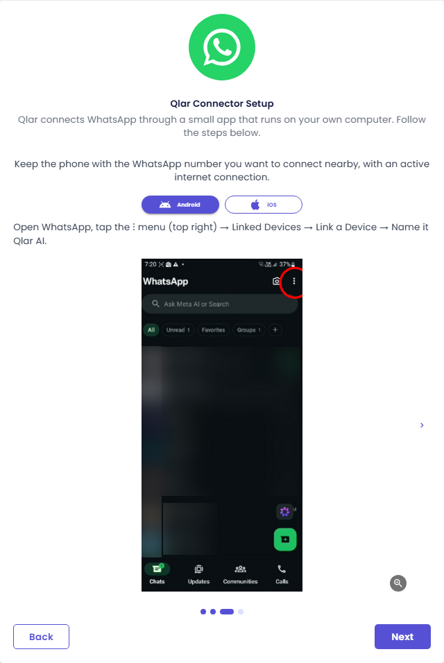 Qlar Connector Setup, third step, with Android and iOS buttons, the Linked Devices instructions, and a picture of the WhatsApp menu