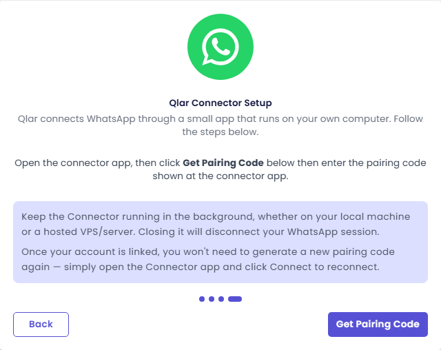 Last step of Qlar Connector Setup, with a reminder to keep the Connector running and the Get Pairing Code button