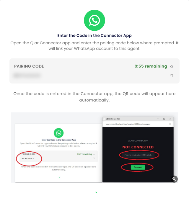 Enter the Code in the Connector App screen, with the pairing code (blurred here), the time remaining, refresh and copy buttons, and an example of the Connector window