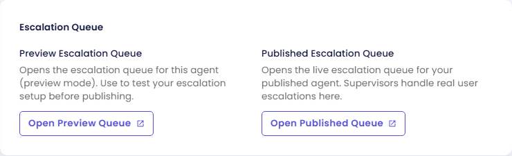 Kartu Escalation Queue dengan Preview Escalation Queue beserta tombol Open Preview Queue, dan Published Escalation Queue beserta tombol Open Published Queue