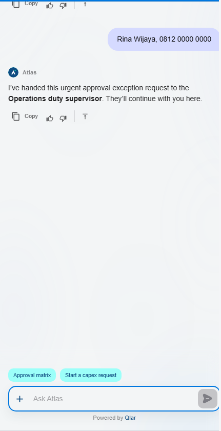 Chat preview Atlas: user mengirim Rina Wijaya, 0812 0000 0000, dan Atlas membalas I've handed this urgent approval exception request to the Operations duty supervisor. They'll continue with you here. Saran respons Approval matrix dan Start a capex request tampil di atas kolom input Ask Atlas