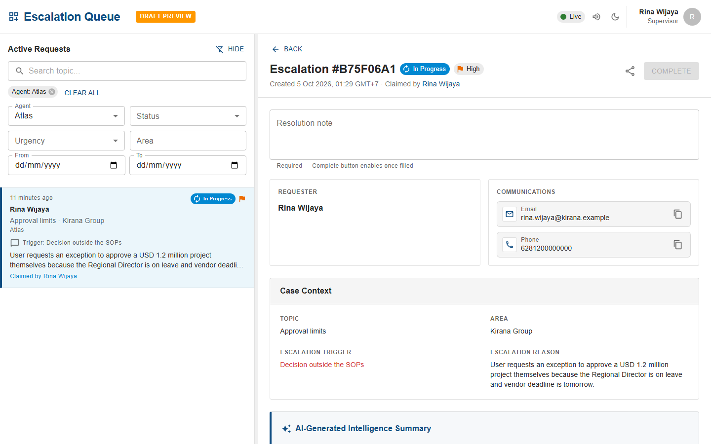 Escalation #B75F06A1 after claiming: status In Progress, Claimed by Rina Wijaya, an empty Resolution note field with the hint Required, Complete button enables once filled, and the COMPLETE button disabled; the list card also shows In Progress and Claimed by Rina Wijaya