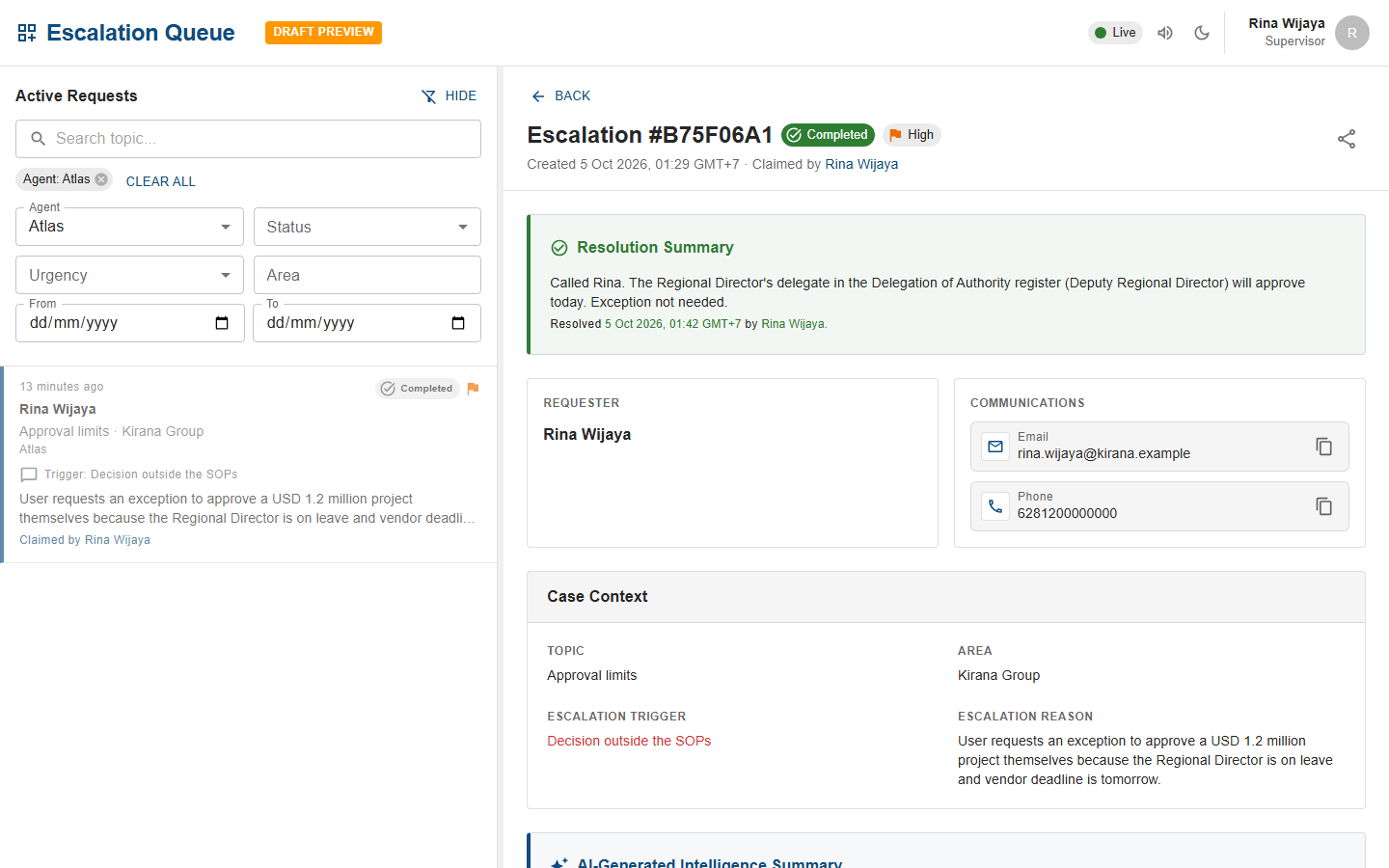Escalation #B75F06A1 with status Completed and a green Resolution Summary showing the note and Resolved 5 Oct 2026, 01:42 GMT+7 by Rina Wijaya; the list card shows Completed