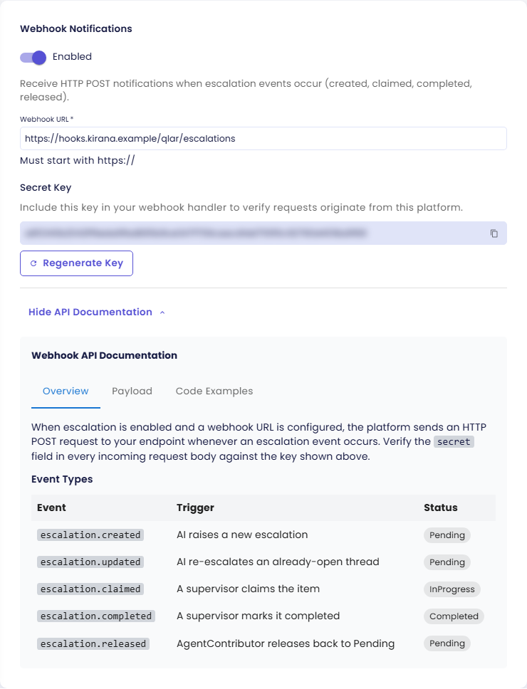 Kartu Webhook Notifications dengan Webhook API Documentation terbuka di tab Overview: platform mengirim HTTP POST ke endpoint Anda setiap kali event escalation terjadi, dan Anda memverifikasi field secret di setiap body request; tabel Event Types mencantumkan escalation.created, escalation.updated, escalation.claimed, escalation.completed, dan escalation.released beserta pemicu dan statusnya