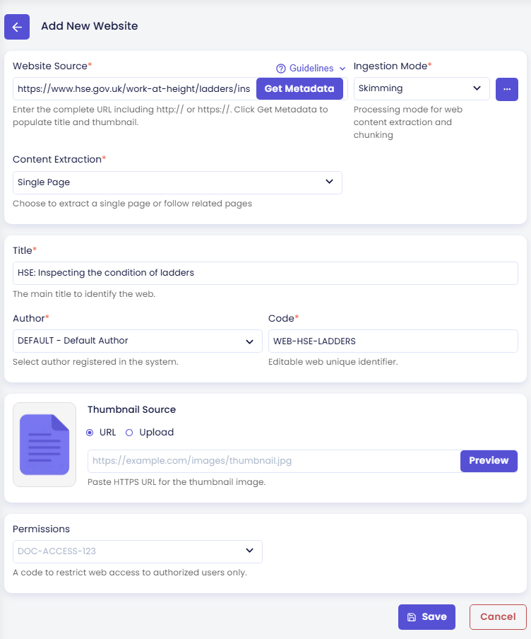 Form Add New Website dengan URL halaman tangga HSE di Website Source, Ingestion Mode Skimming, Content Extraction Single Page, Title HSE: Inspecting the condition of ladders, Author DEFAULT - Default Author, dan Code WEB-HSE-LADDERS