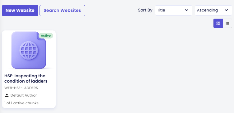 Halaman Websites dalam tampilan grid dengan satu kartu: badge Active, judul HSE: Inspecting the condition of ladders, kode WEB-HSE-LADDERS, Default Author, dan 1 of 1 active chunks