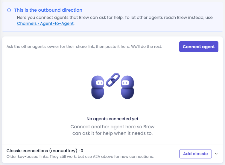 Other Agents page with the outbound direction note, the Connect agent button and the Classic connections row