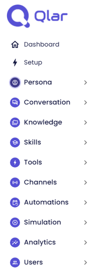 Sidebar agent yang terbuka, menampilkan grup menu Persona, Conversation, Knowledge, Skills, Tools, Channels, Automations, Simulation, Analytics, dan Users