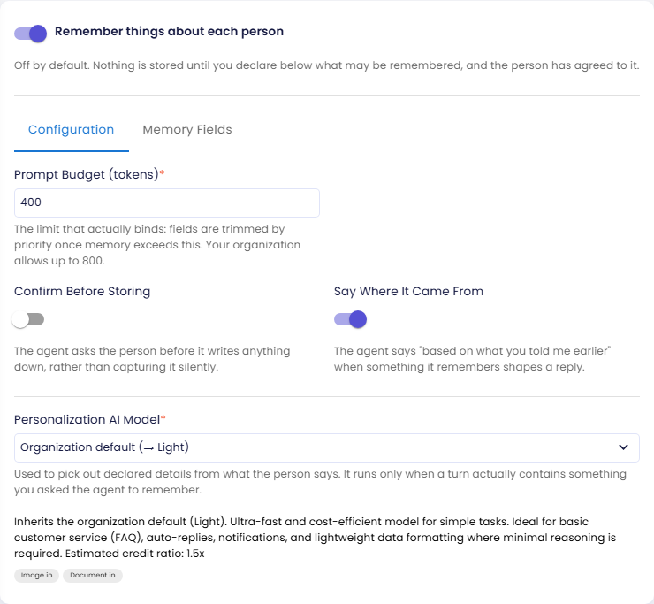 Remember things about each person dinyalakan, dengan tab Configuration terbuka