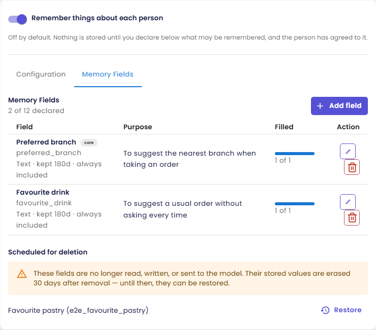 Tab Memory Fields dengan dua field yang dideklarasikan, jumlah Filled masing-masing, dan satu field yang dijadwalkan untuk dihapus