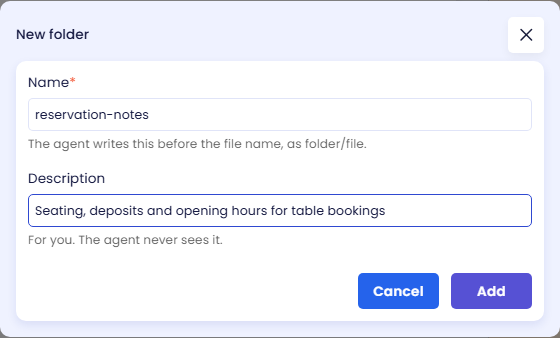 Dialog New folder dengan Name reservation-notes dan deskripsi tentang tempat duduk, deposit, dan jam buka