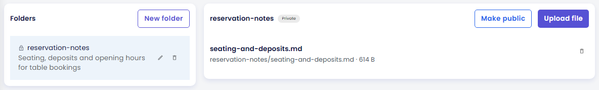 Halaman Artifacts dengan folder private reservation-notes dipilih dan file seating-and-deposits.md tercantum sebagai reservation-notes/seating-and-deposits.md, 614 B