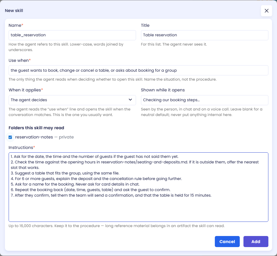 The New skill dialog filled in for table_reservation, with the reservation-notes folder ticked and seven numbered steps in Instructions