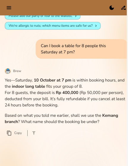 Preview chat where Brew answers a booking request for 8 people with the indoor long table, the Rp 400,000 deposit and the refund rule, then asks for a name