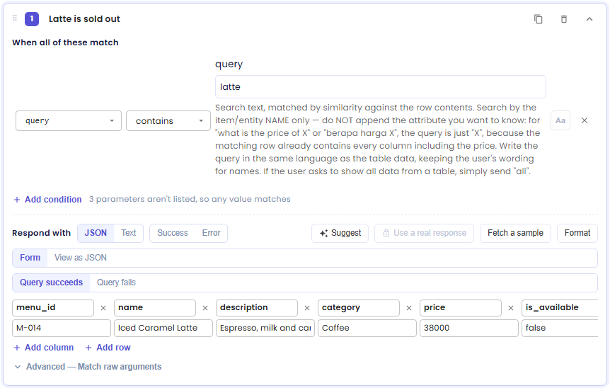 A case labelled Latte is sold out with the condition query contains latte and a table response with one row