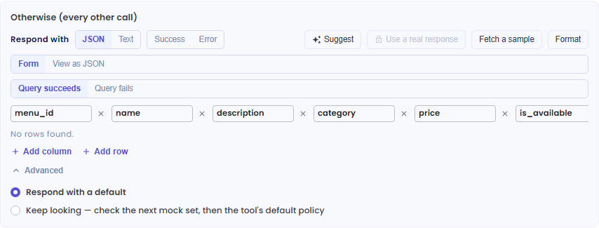 Otherwise box with an empty table response and the Advanced options Respond with a default and Keep looking