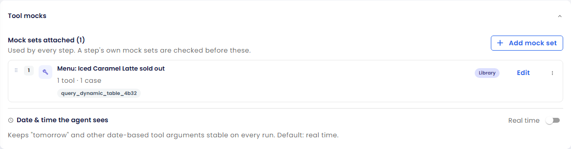 Tool mocks card on a conversation simulation with one Library mock set attached and the Date and time the agent sees switch