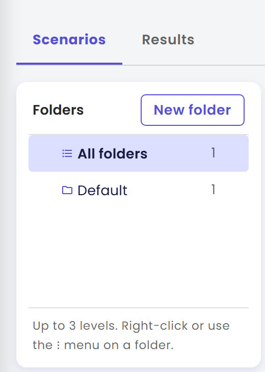Tab Scenarios dan Results dengan panel Folders yang mencantumkan All folders dan folder bernama Default, serta tombol New folder