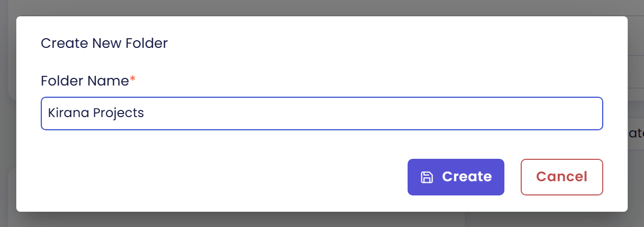 Dialog Create New Folder dengan Folder Name Kirana Projects serta tombol Create dan Cancel