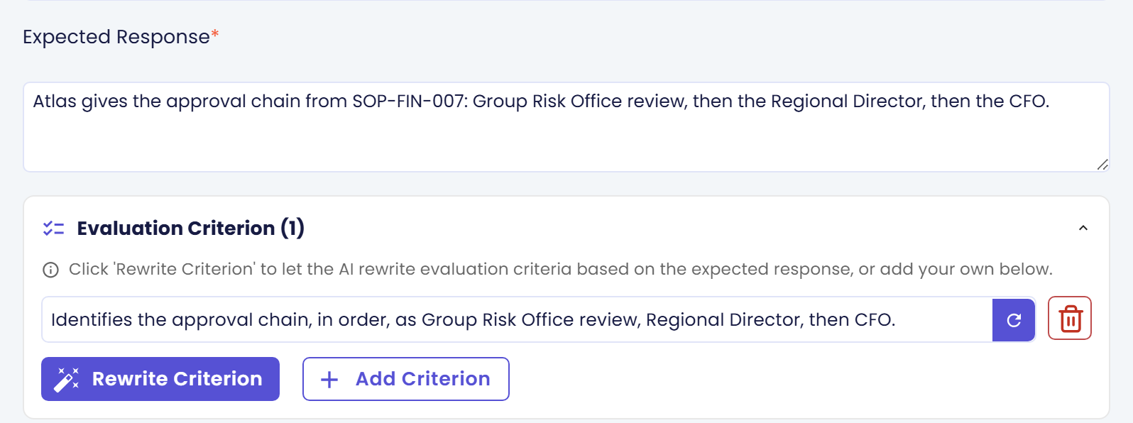 Kotak Evaluation Criterion (1) dengan criterion yang disarankan Qlar, ikon tempat sampahnya, serta tombol Rewrite Criterion dan Add Criterion