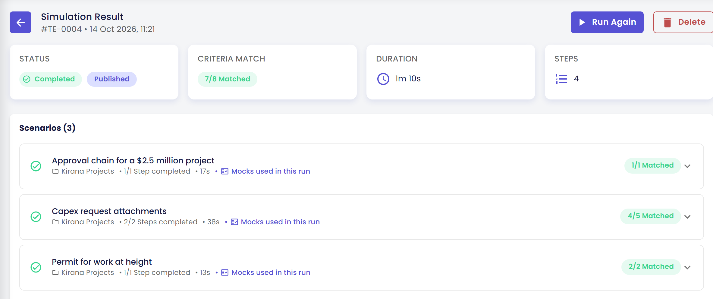 Halaman Simulation Result dengan kartu STATUS (Completed, Published), CRITERIA MATCH (7/8 Matched), DURATION, dan STEPS, serta di bawah Scenarios (3) tiga baris skenario dengan badge Matched
