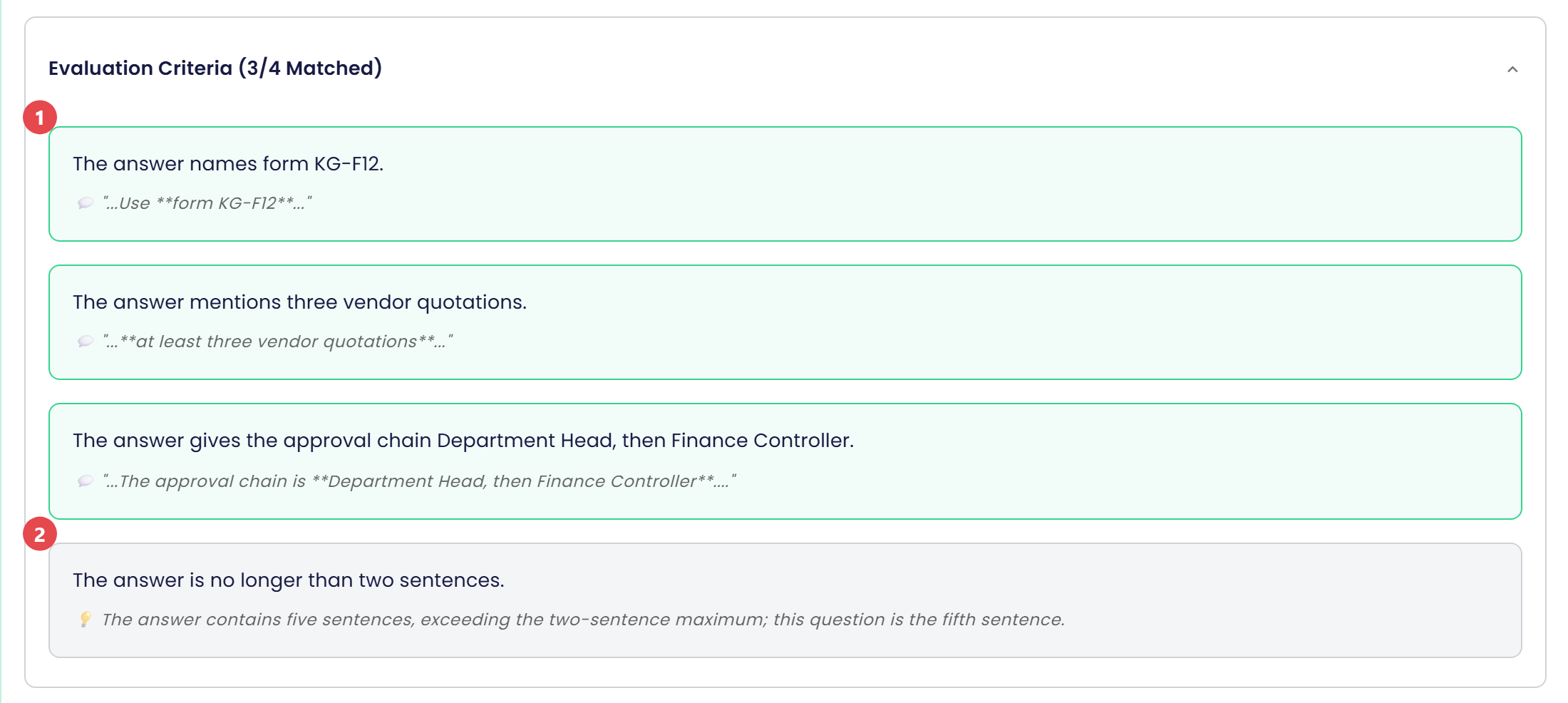 Evaluation Criteria (3/4 Matched) dengan lencana 1 pada kotak hijau yang mengutip bagian jawaban dan lencana 2 pada kotak abu-abu yang memberi alasan criterion tidak cocok