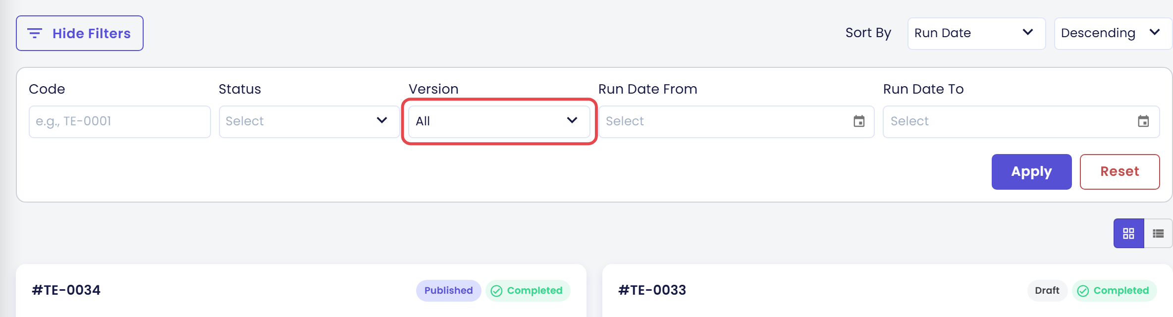 Tab Results dengan filter terbuka: Code, Status, Version yang diberi kotak dan diatur ke All, Run Date From, Run Date To, serta tombol Apply dan Reset, di atas dua kartu run, satu dengan chip Published dan satu dengan chip Draft