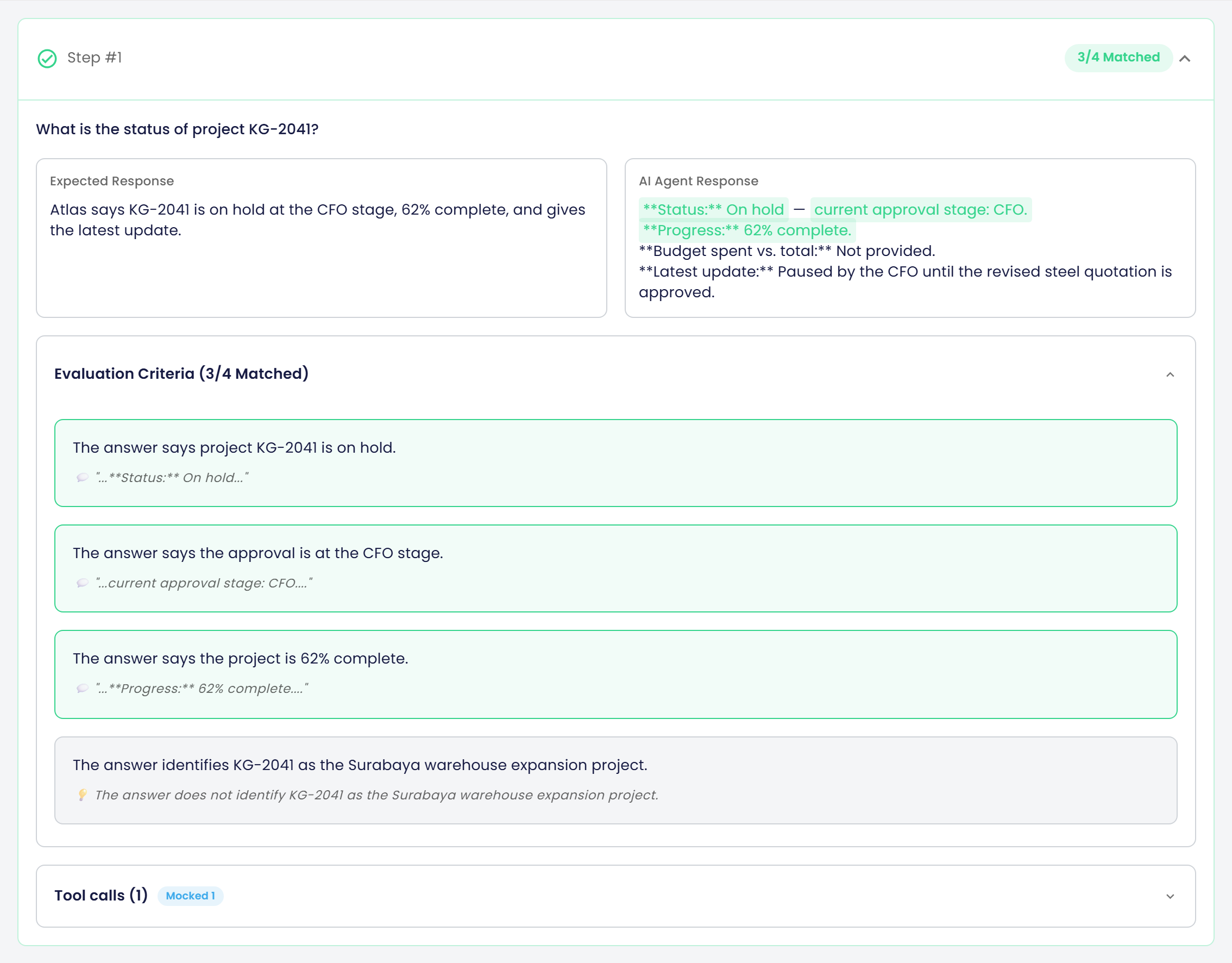 Step #1 with 3/4 Matched: the user message, the Expected Response and the AI Agent Response with the matching parts highlighted, and Evaluation Criteria with three green boxes (on hold, CFO stage, 62% complete) and one grey box for The answer identifies KG-2041 as the Surabaya warehouse expansion project, with its reason, above the collapsed Tool calls (1) section