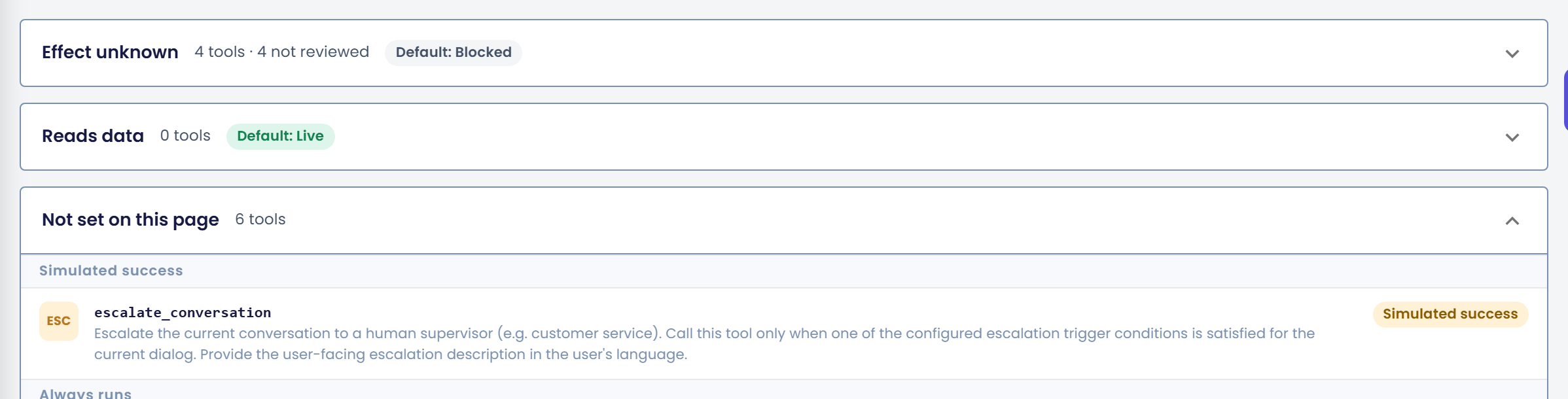 Tiga grup tool: Effect unknown dengan 4 tools dan 4 not reviewed serta Default: Blocked, Reads data dengan 0 tools dan Default: Live, dan Not set on this page dengan 6 tools, yang dibuka untuk menampilkan escalate_conversation di bawah Simulated success