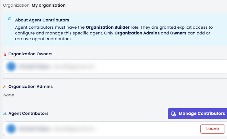 Halaman Contributor dengan Organization Owners, Organization Admins, dan Agent Contributors, serta tombol Manage Contributors; nama-nama disamarkan