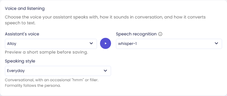 Voice and listening card with Assistant's voice, Speech recognition and Speaking style