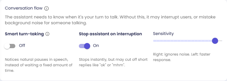 Conversation flow card with Smart turn-taking, Stop assistant on interruption and Sensitivity