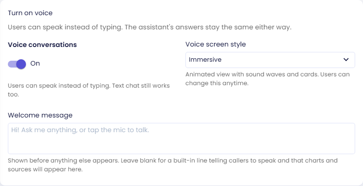 Turn on voice card with Voice conversations, Voice screen style and Welcome message