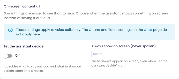 On-screen content card with Let the assistant decide and Always show on screen (never spoken)