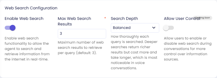 Web Search Configuration section with Enable Web Search switched on, Max Web Search Results 3, Search Depth Balanced, and Allow User Control switched off with a Coming Soon label