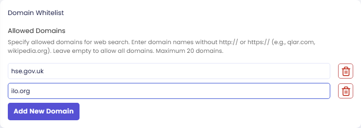 Domain Whitelist section: Allowed Domains help text says to enter domain names without http:// or https://, leave empty to allow all domains, maximum 20 domains; two entries hse.gov.uk and ilo.org, each with a delete icon, and the Add New Domain button