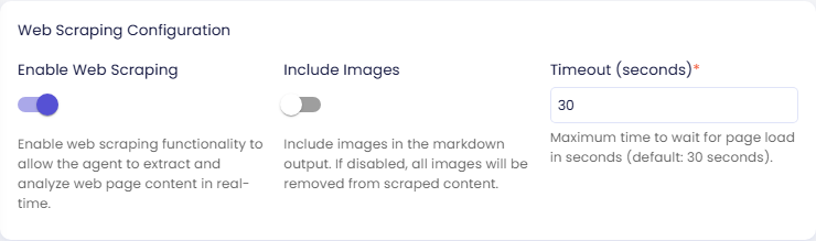 Web Scraping Configuration section with Enable Web Scraping switched on, Include Images switched off, and Timeout (seconds) set to 30