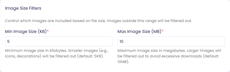 Image Size Filters section with Min Image Size (KB) 5 and Max Image Size (MB) 10, each with help text and its default value