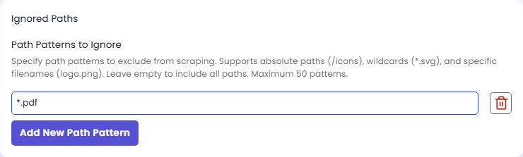 Ignored Paths section: Path Patterns to Ignore with help text about absolute paths, wildcards and filenames, maximum 50 patterns; one entry *.pdf with a delete icon, and the Add New Path Pattern button