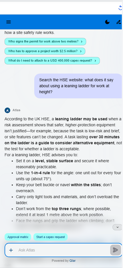 Atlas preview: the user asks 'Search the HSE website: what does it say about using a leaning ladder for work at height?' and Atlas replies that according to the UK HSE a leaning ladder may be used when a risk assessment shows safer equipment isn't justified, then lists HSE advice: a level, stable surface, the 1-in-4 rule for the angle, belt buckle within the stiles, light tools only, and not working from the top three rungs